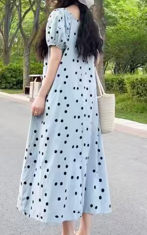 2026 New Summer Maternity Dress — Plus Size, Lightweight, French-Style, Youthful Polka-Dot Maxi Dress with Short Sleeves