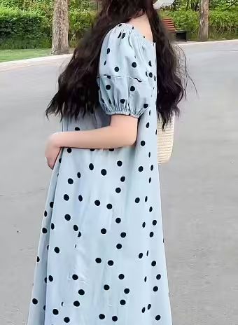 2026 New Summer Maternity Dress — Plus Size, Lightweight, French-Style, Youthful Polka-Dot Maxi Dress with Short Sleeves