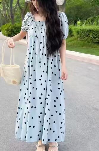 2026 New Summer Maternity Dress — Plus Size, Lightweight, French-Style, Youthful Polka-Dot Maxi Dress with Short Sleeves