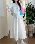 Maternity Two-Piece Set: French-Style Gentle Puff-Sleeve Summer Top & White Skirt